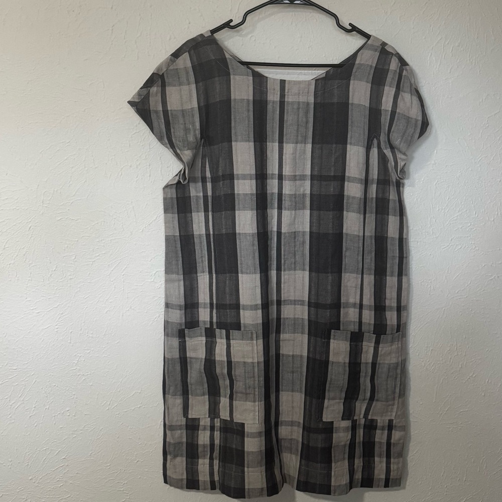 Eileen Fisher Organic Linen Cotton Plaid V-Neck Back Dress Size M